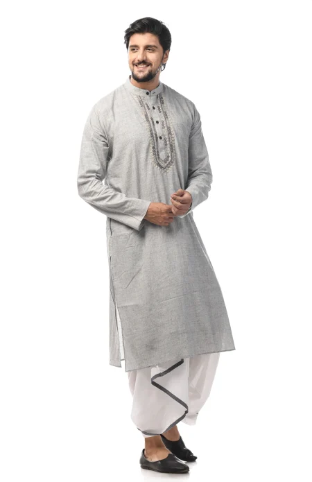 Hand Embroidered Cotton Kurta- Grey - Image 2