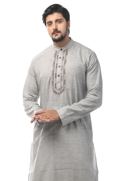Hand Embroidered Cotton Kurta- Grey