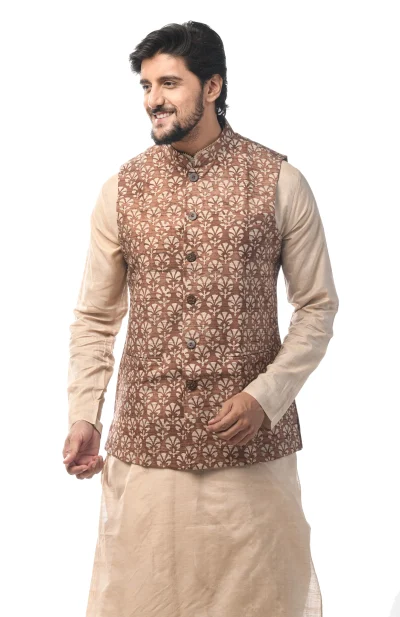 Block Printed Tussar Handloom Jacket - Brown
