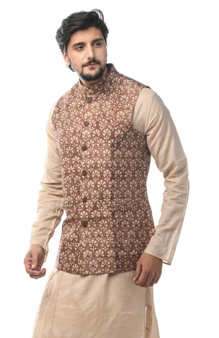 Block Printed Tussar Handloom Jacket - Brown - Image 3