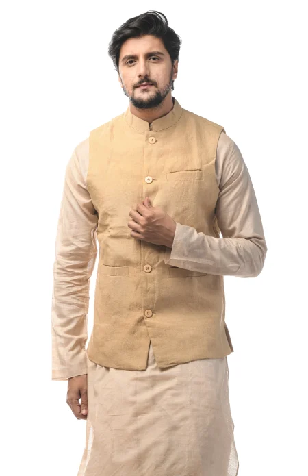 Linen 5 Panel Handloom Jacket - Light Beige - Image 2