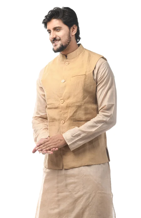 Linen 5 Panel Handloom Jacket - Light Beige - Image 3