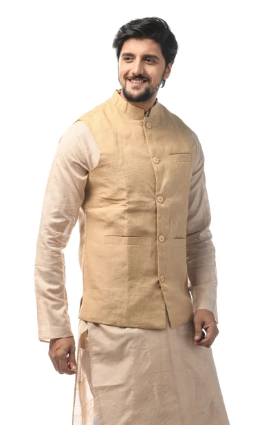 Linen 5 Panel Handloom Jacket - Light Beige