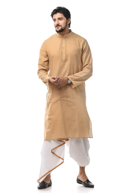 Embroidered Cotton Kurta - Beige