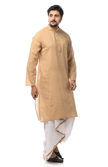 Embroidered Cotton Kurta - Beige - Image 3