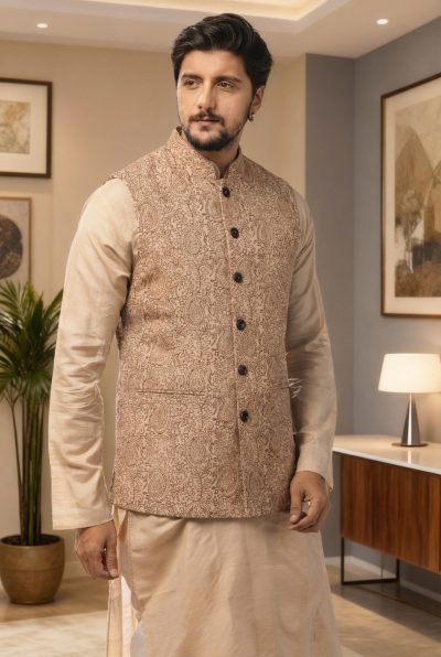Handloom Linen Printed Jacket - Beige