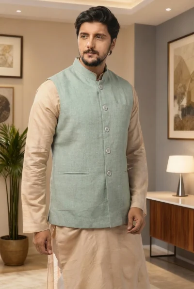 Linen 3 Panel Handloom Jacket - Light Green