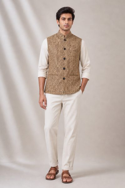 Handloom Linen Printed Jacket - Beige