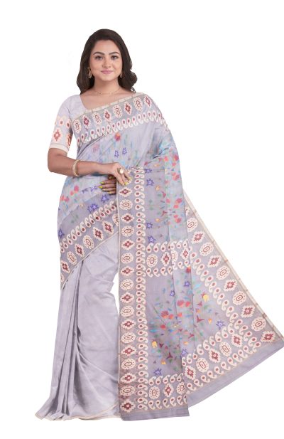 Kora Silk Jamdani Saree - Grey