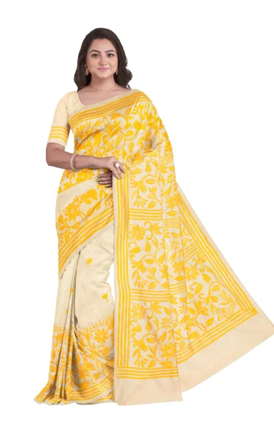 Handcrafted Kantha Tussar Silk Saree – Multi Colour