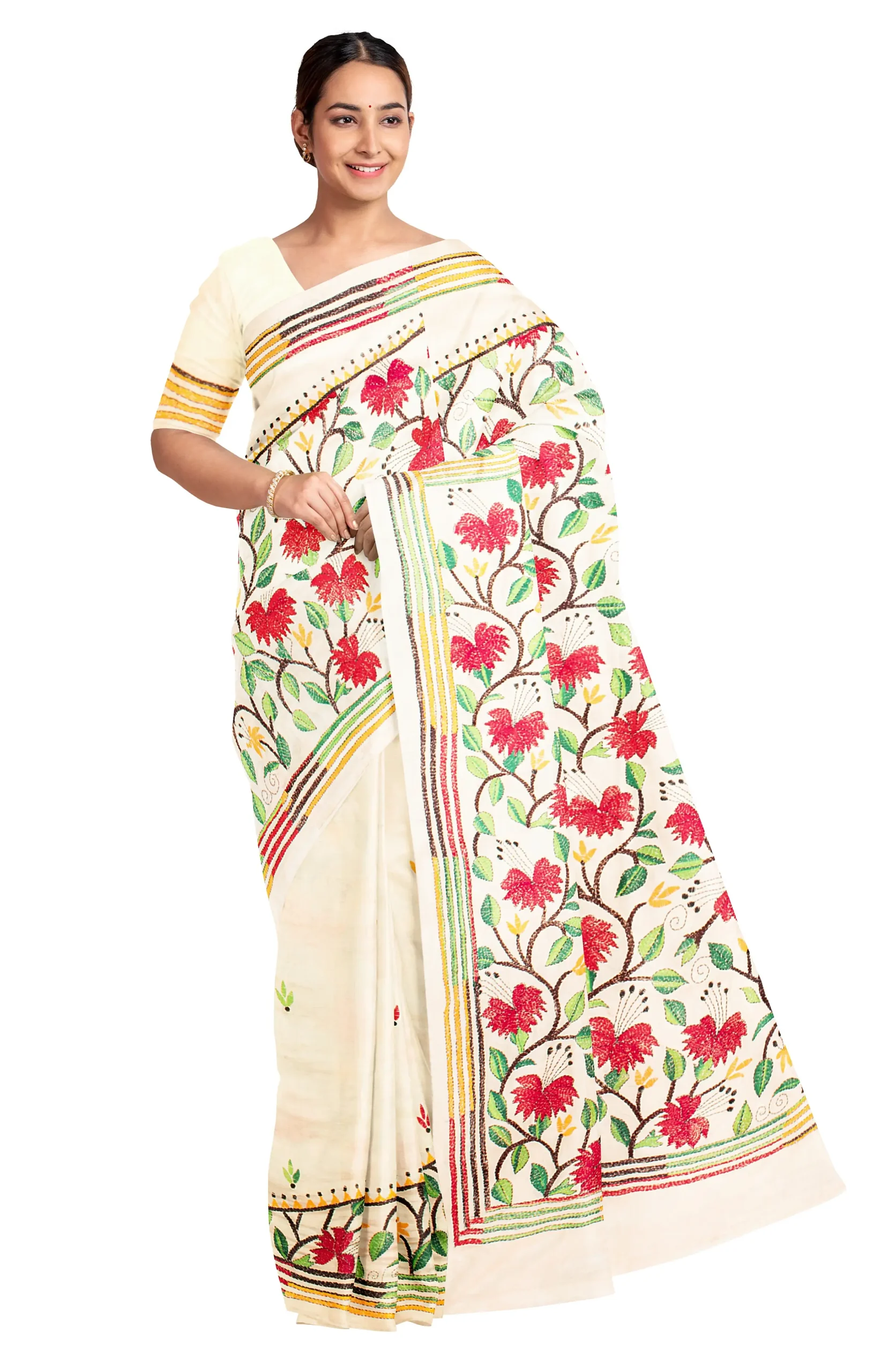 Handcrafted Kantha Tussar Silk Saree – Multi Colour - Image 3