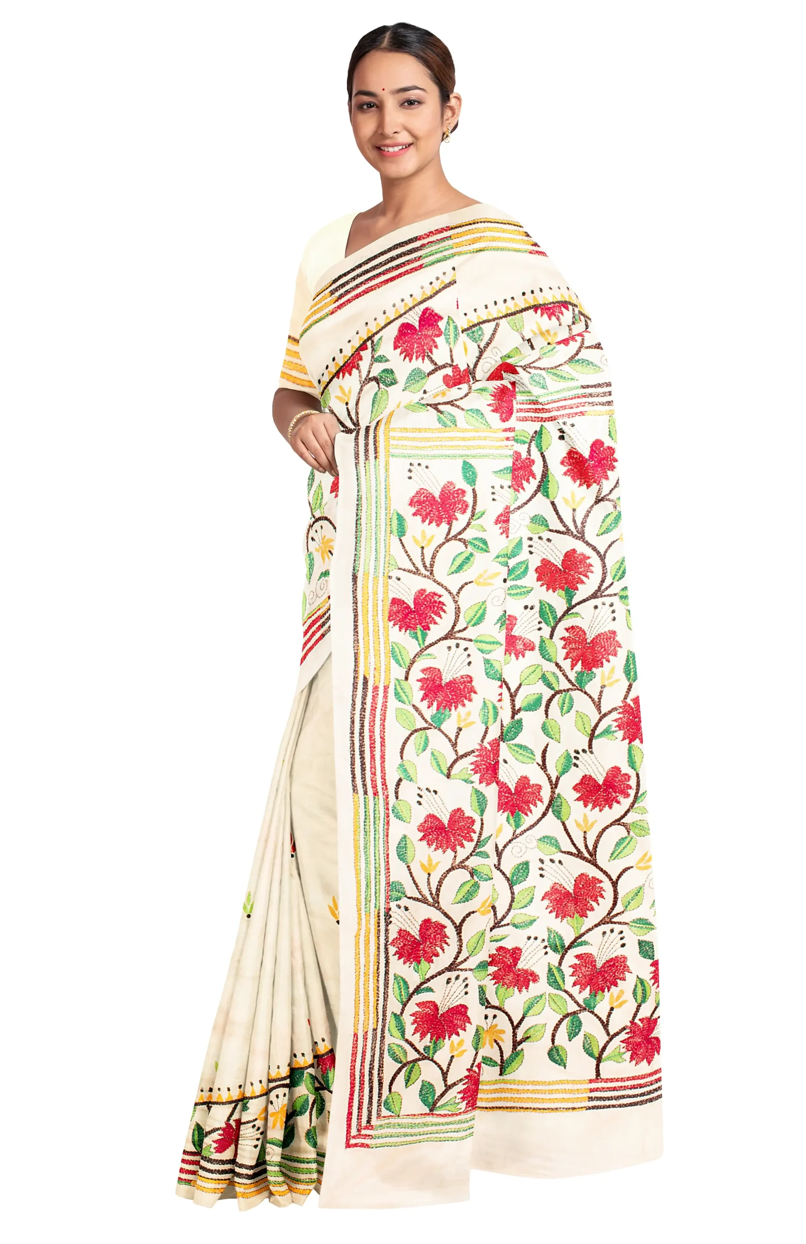 Handcrafted Kantha Tussar Silk Saree – Multi Colour