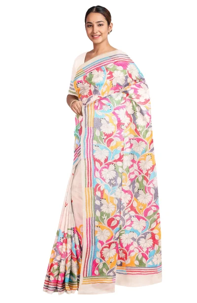 Handcrafted Kantha Tussar Silk Saree – Multi Colour