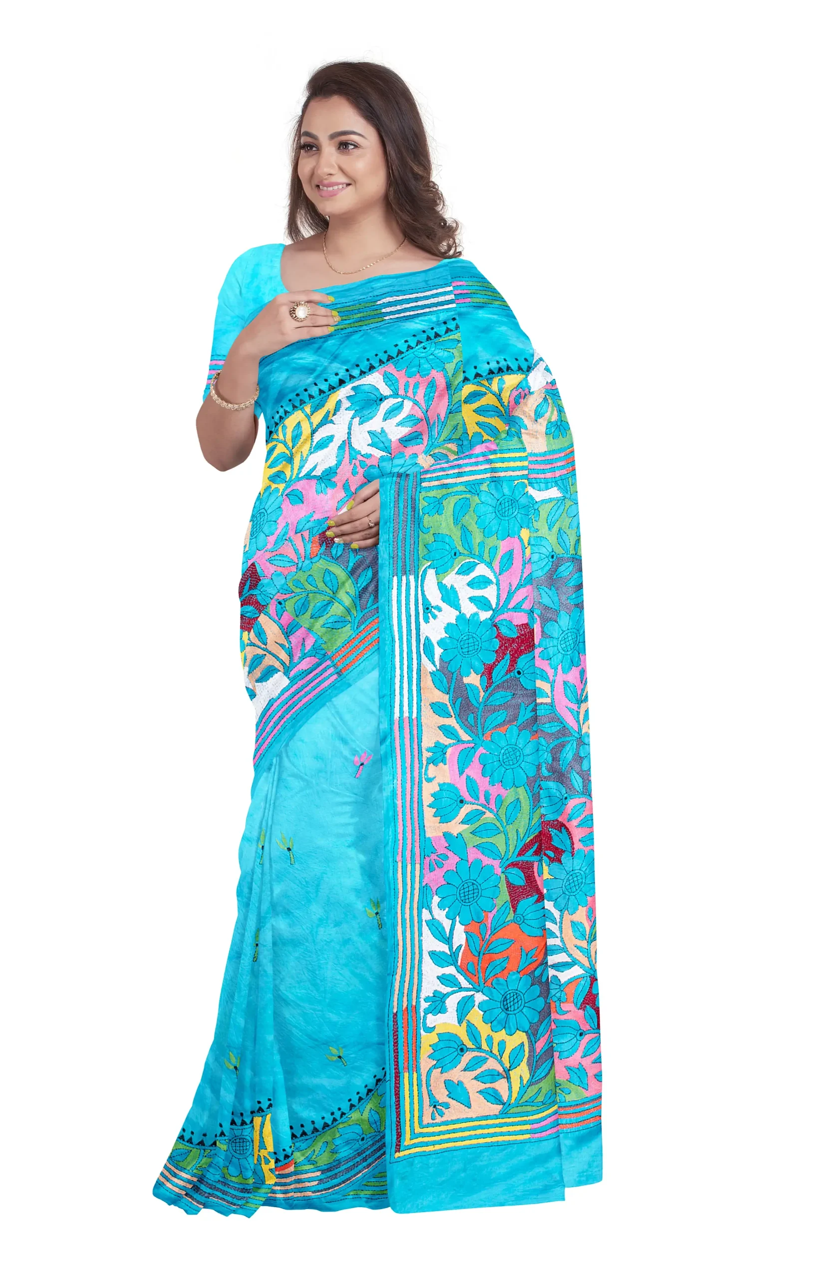 Handcrafted Kantha Silk Saree – Multi Colour - Image 3