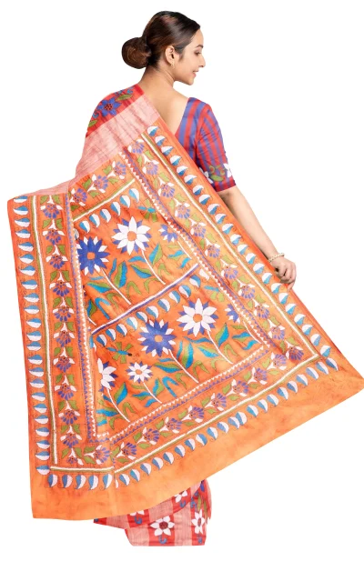 Handcrafted Kantha Silk Saree – Multi Colour