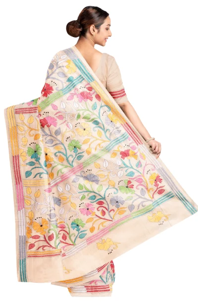 Kantha Tussar Silk Saree - Multi Colour