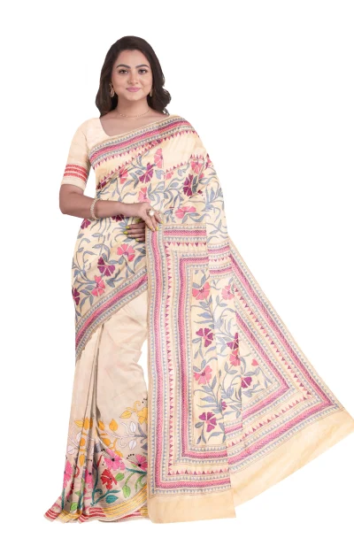 Kantha Tussar Silk Saree - Multi Colour