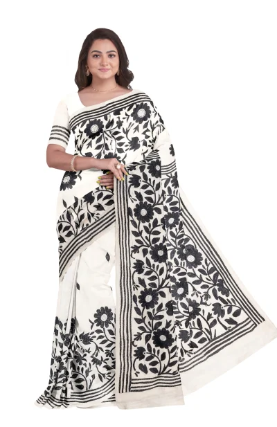 Kantha Tussar Silk Saree - Multi Colour