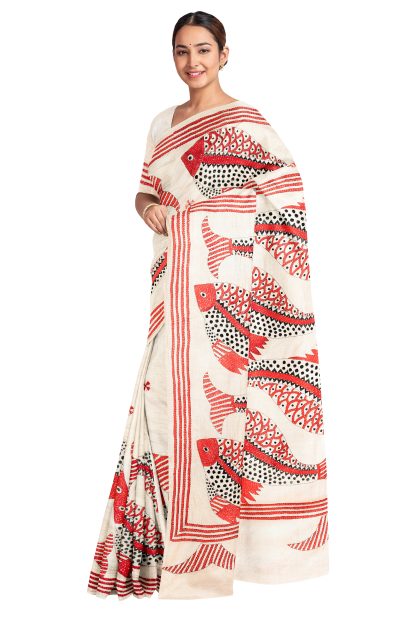 Handcrafted Kantha Tussar Gachi Silk Saree – Multi Colour