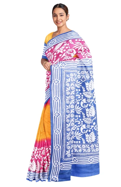 Handcrafted Kantha Tussar Gachi Silk Saree – Multi Colour