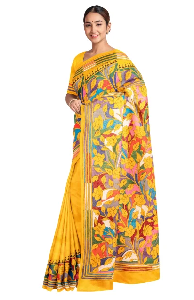 Handcrafted Kantha Silk Saree – Mustard Yellow
