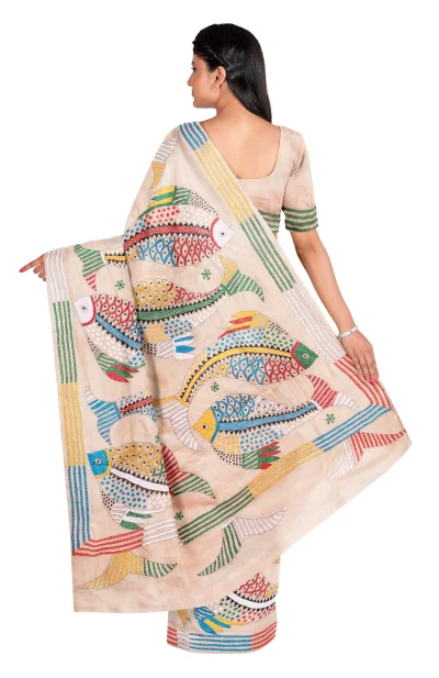 Kantha Tussar Silk Saree - Multi Colour