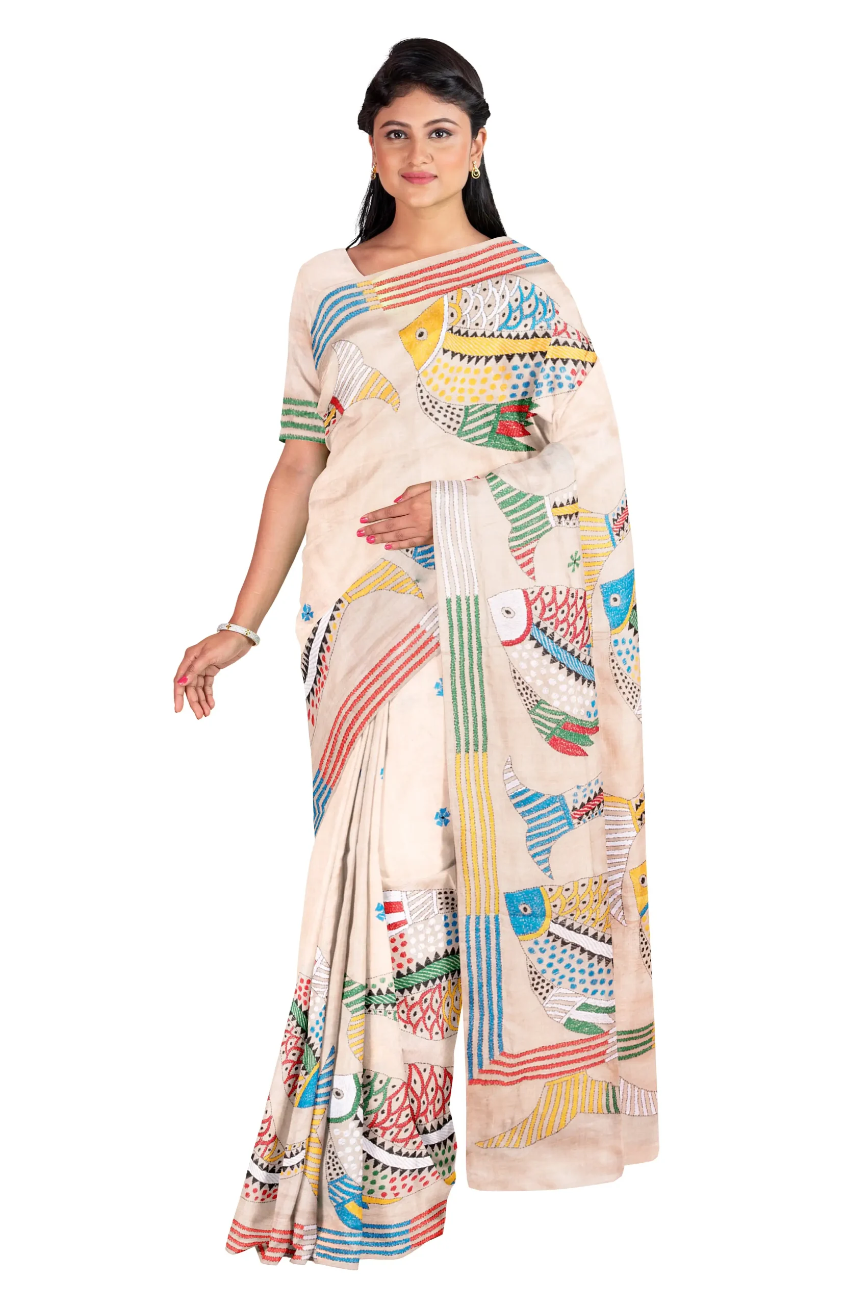 Kantha Tussar Silk Saree - Multi Colour - Image 3