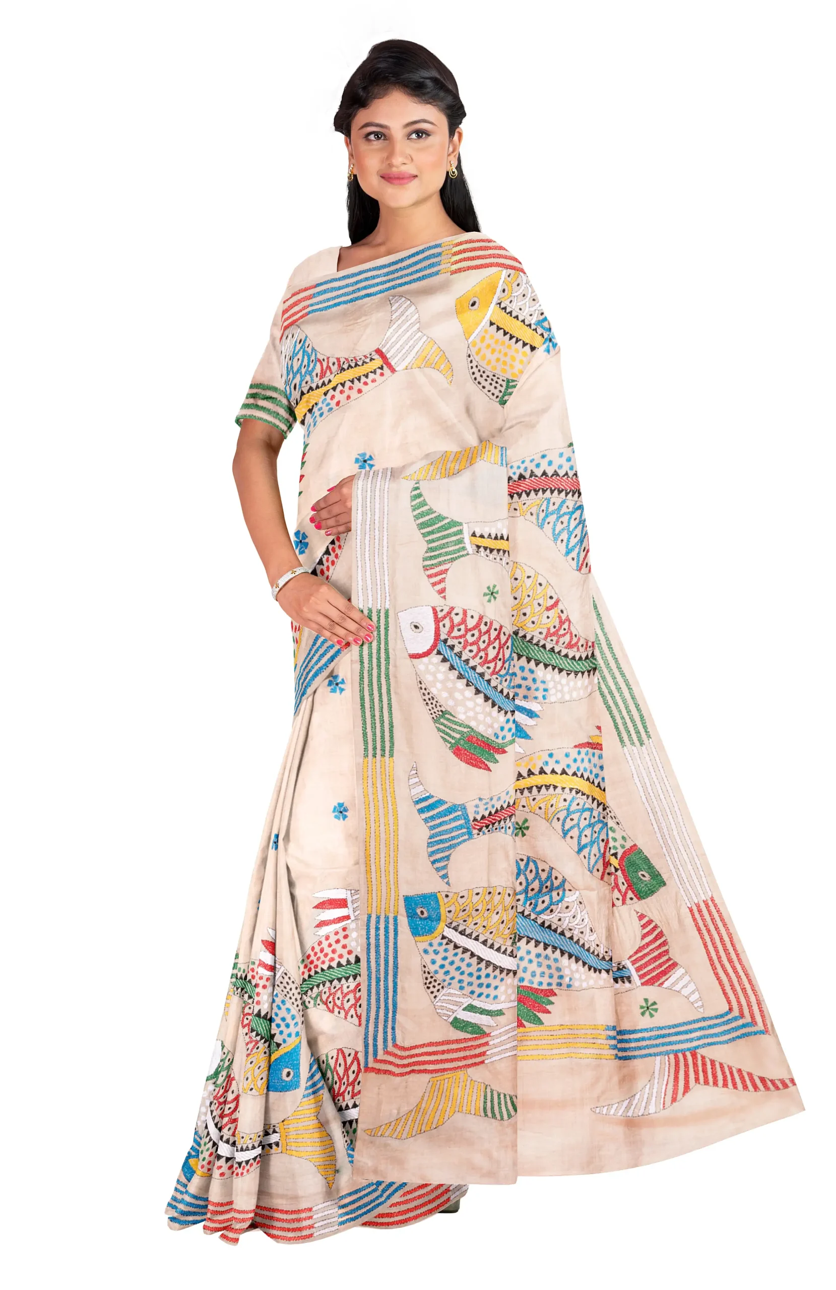 Kantha Tussar Silk Saree - Multi Colour - Image 2