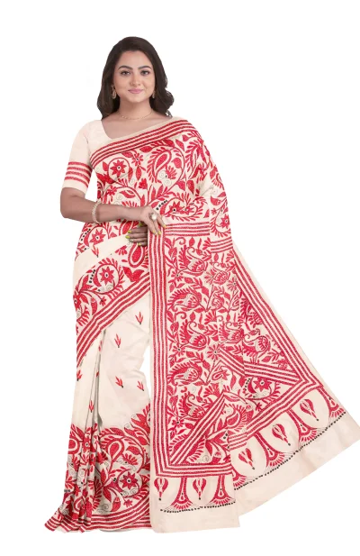 Handcrafted Kantha Tussar Silk Saree – Multi Colour