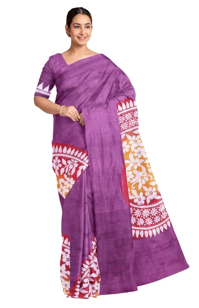 Kantha Tussar Silk Saree - Multi Colour