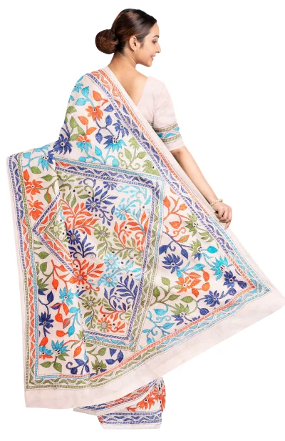 Handcrafted Kantha Silk Saree – Multi Colour