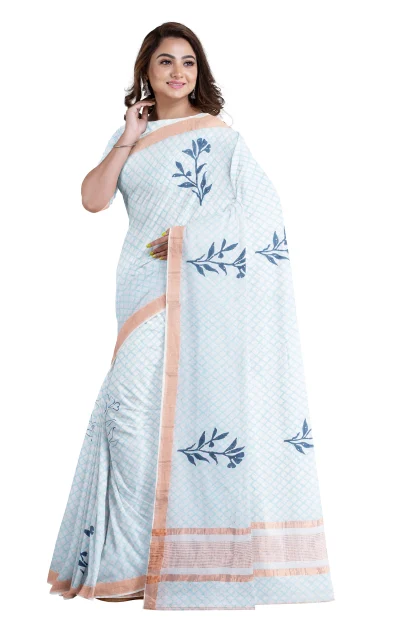 Handwoven Muslin Hand Block Printed Cotton Saree - Prints in Mint