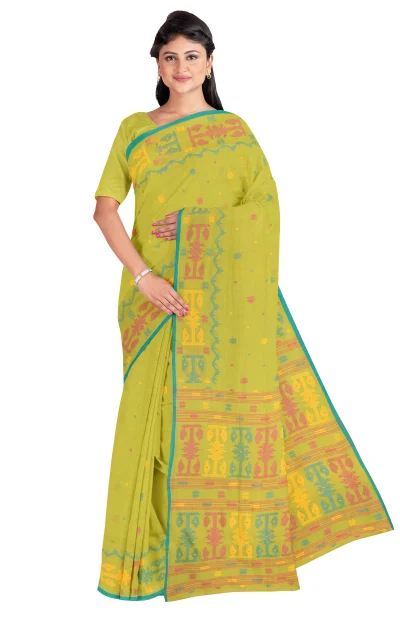 Handwoven Cotton Jamdani Saree - Moss Green