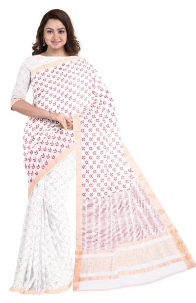Handwoven Muslin Hand Block Printed Cotton Saree - Prints in Magenta