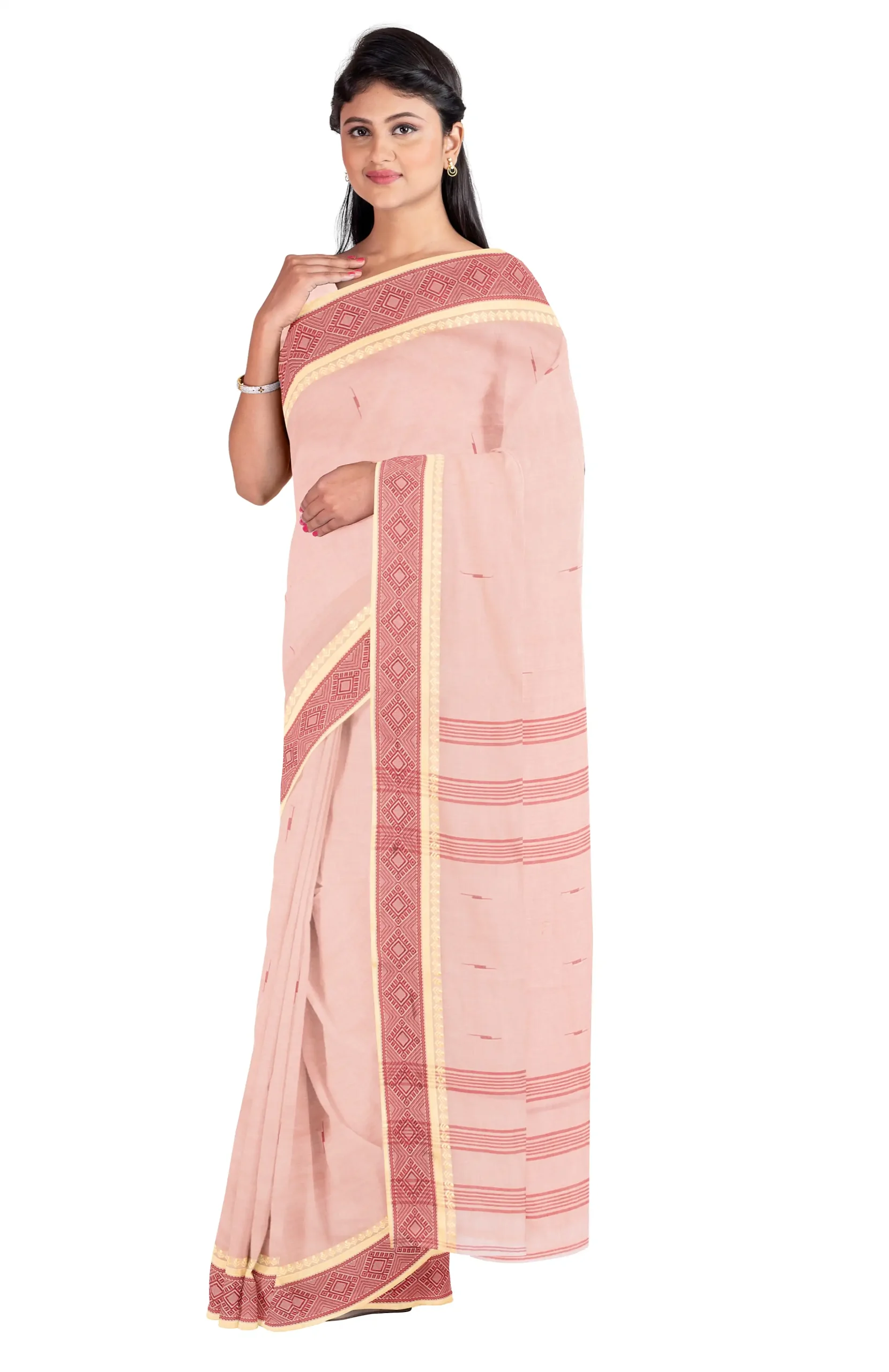 Santipuri Cotton Saree - Peach - Image 3