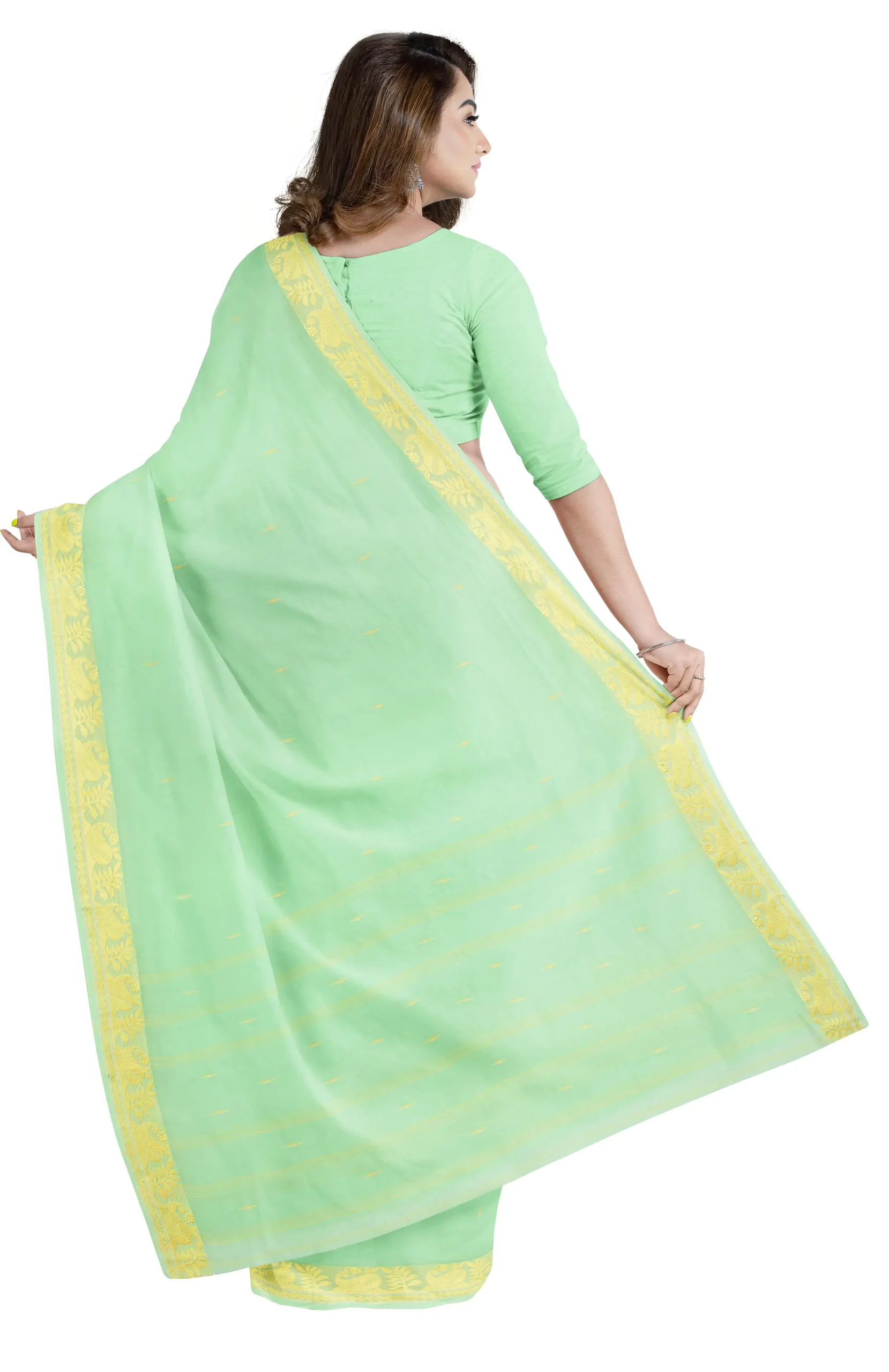 Santipuri Cotton Saree - Lime Green - Image 3