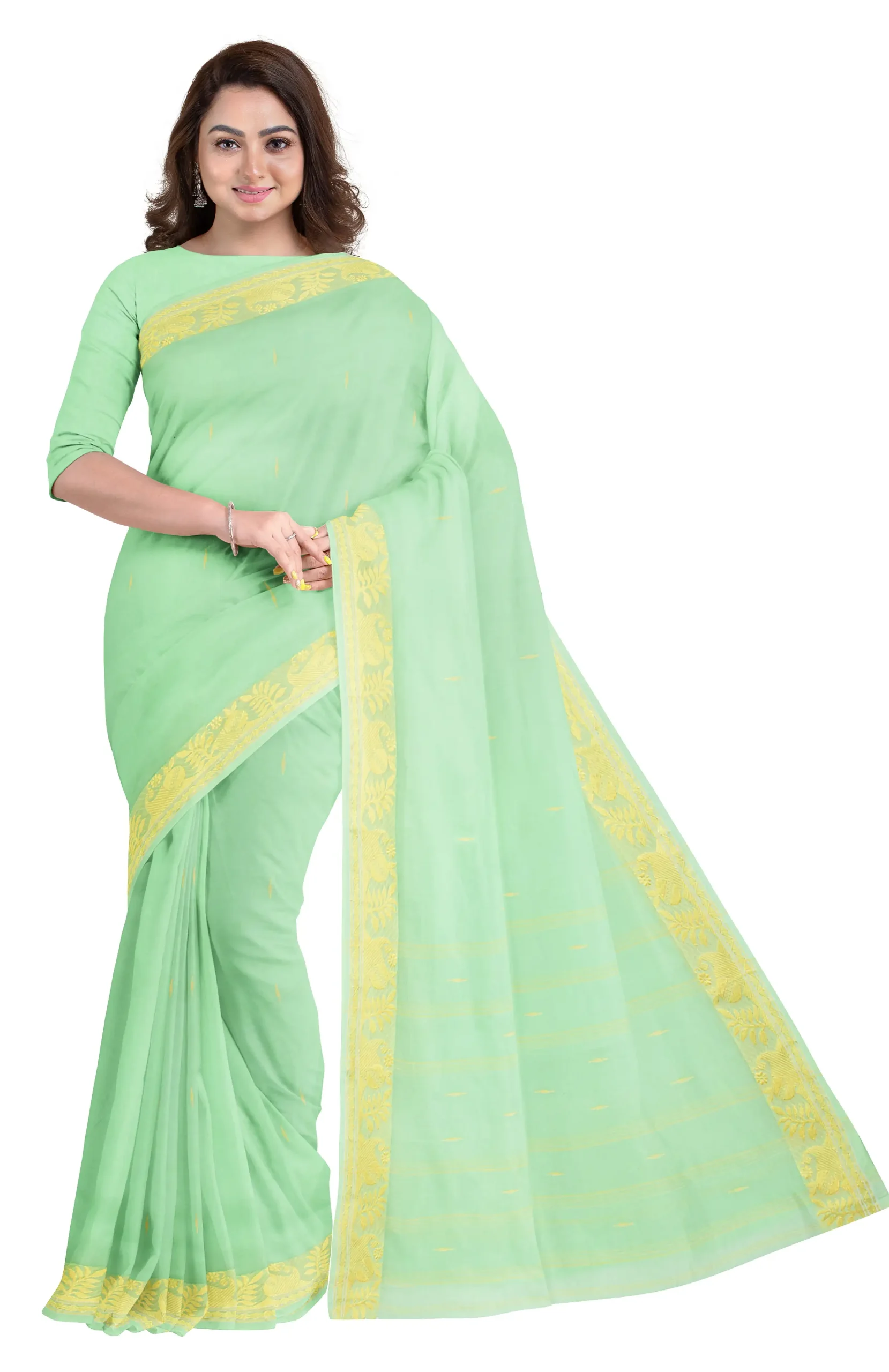 Santipuri Cotton Saree - Lime Green