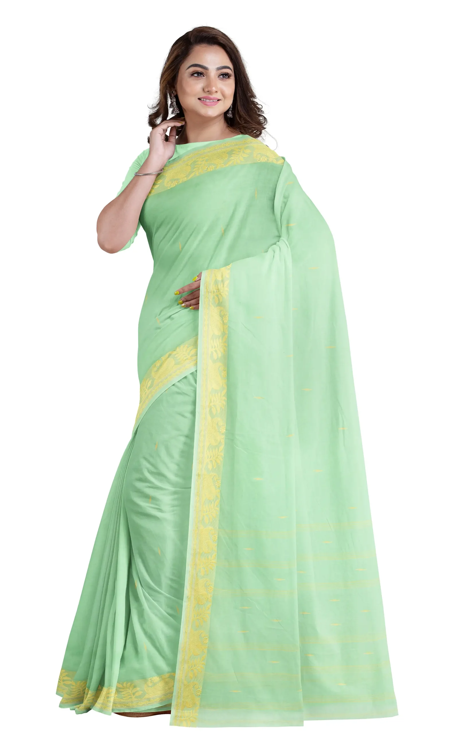 Santipuri Cotton Saree - Lime Green - Image 2