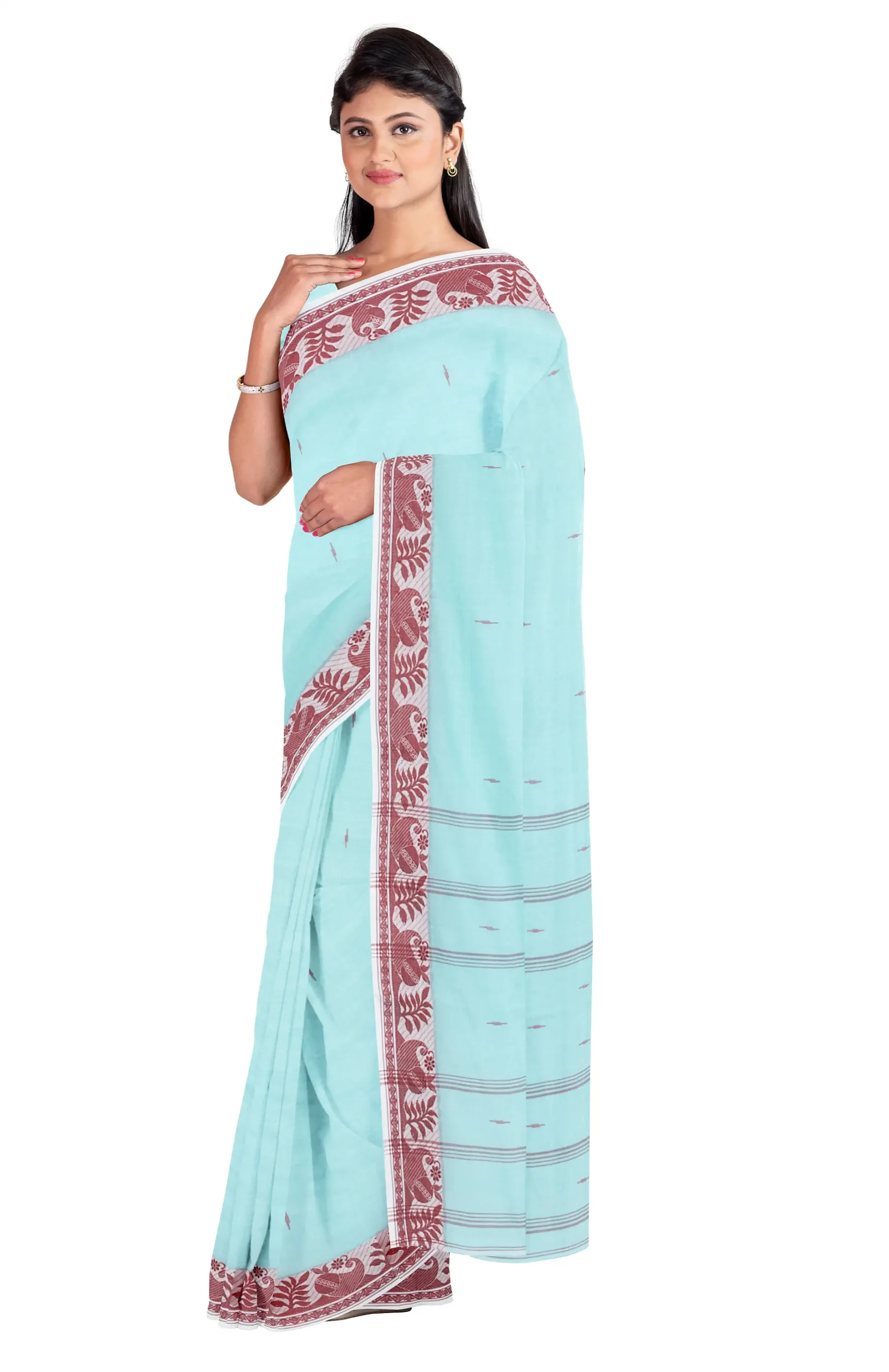 Santipuri Cotton Saree - Turquoise - Image 3