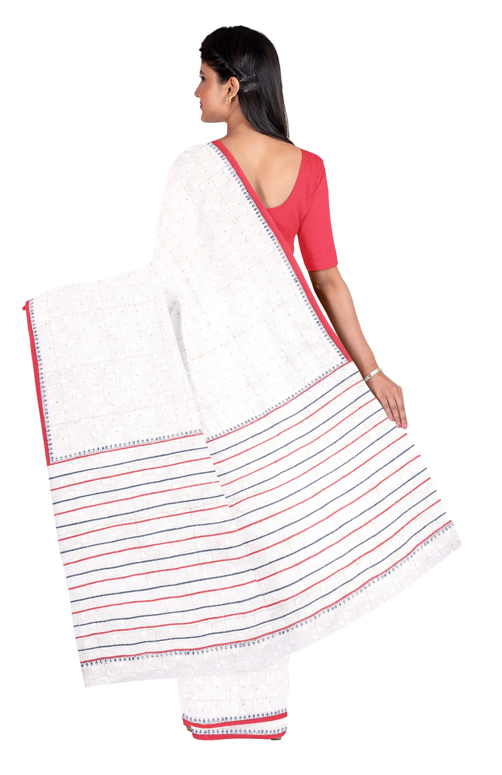 Handwoven Muslin Hand Block Printed Cotton Saree - Image 2