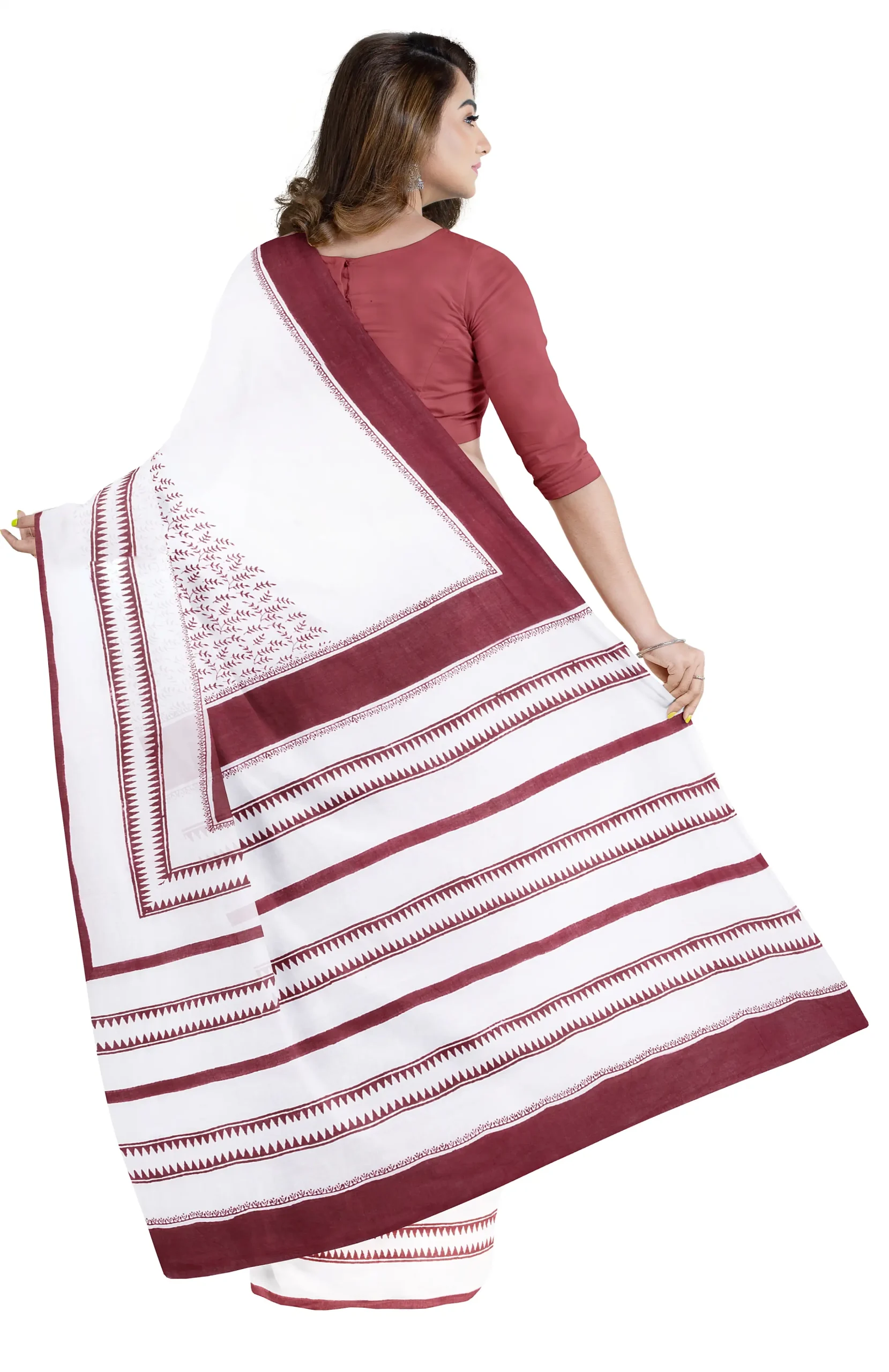 Handwoven Muslin Hand Block Printed Cotton Saree - Image 3
