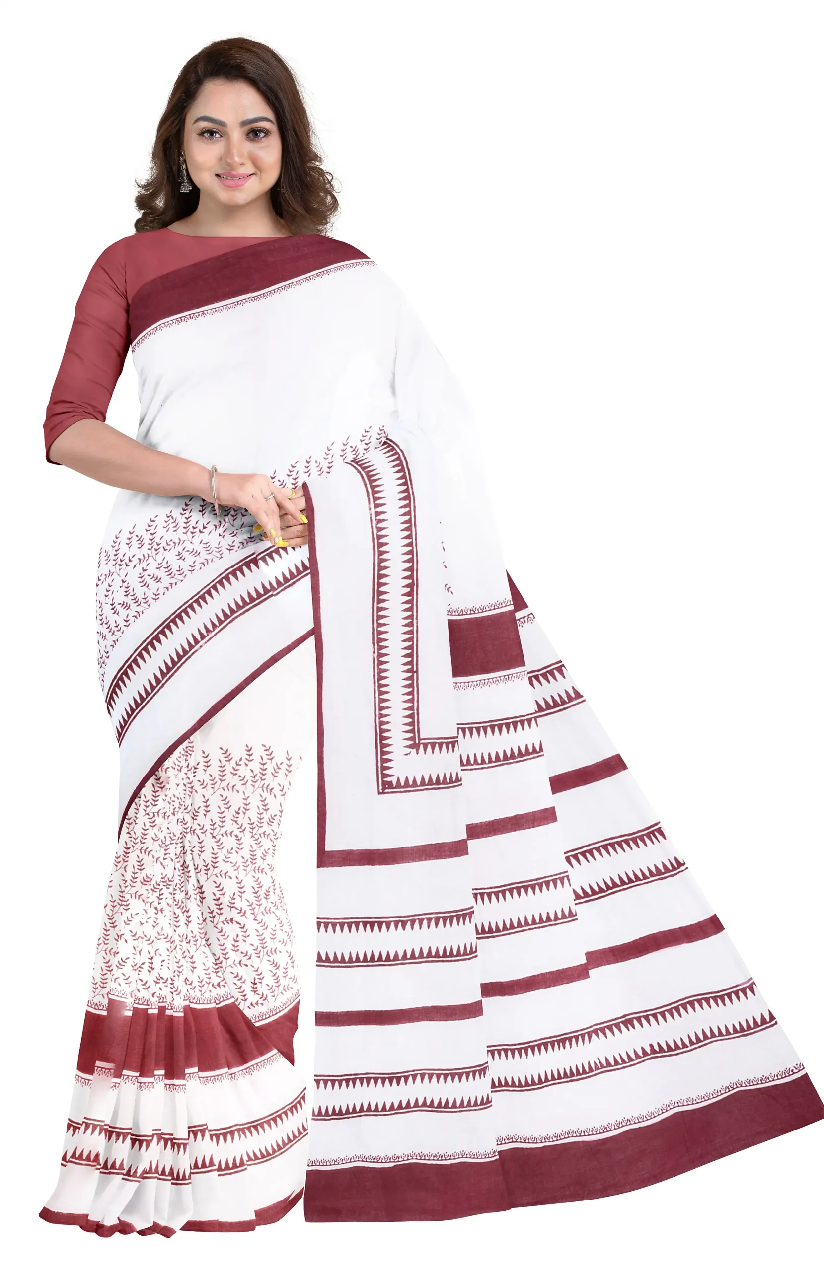Handwoven Muslin Hand Block Printed Cotton Saree - Image 2
