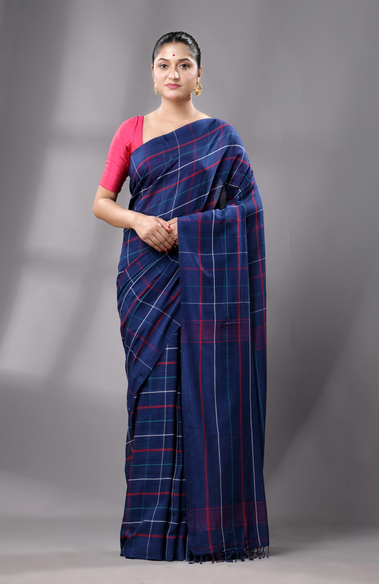 Handwoven Tangail Cotton Saree - Blue - Image 4