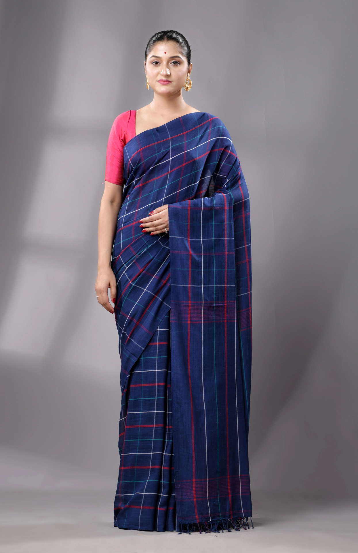 Handwoven Tangail Cotton Saree - Blue - Image 3