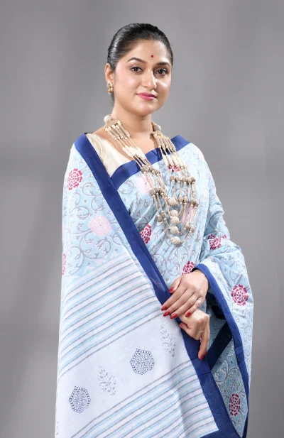 Block Printed Handwoven Muslin Cotton Saree - Light Sea Green