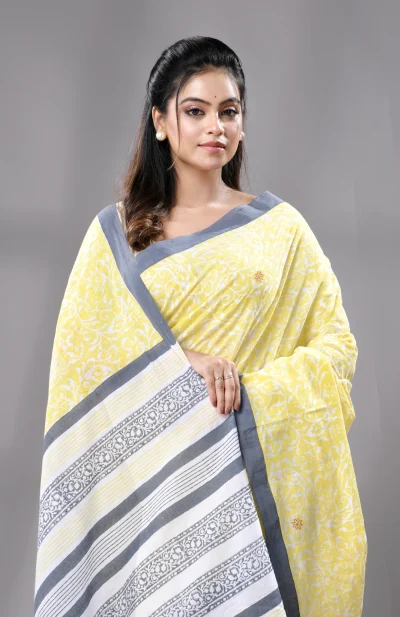 Block Printed Handwoven Muslin Cotton Saree - Yellow