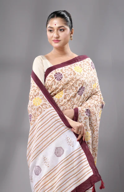 Block Printed Handwoven Muslin Cotton Saree - Cream
