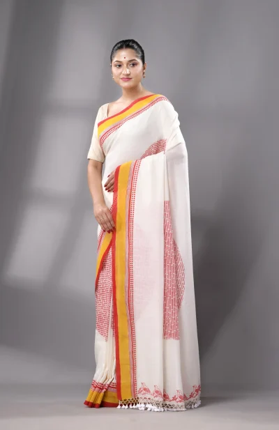 Block Printed Cotton Saree - White