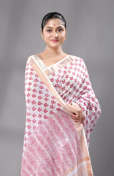 Block Printed Cotton Saree - White