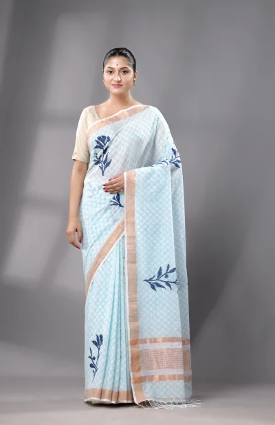 Block Printed Cotton Saree - Light Sea Green